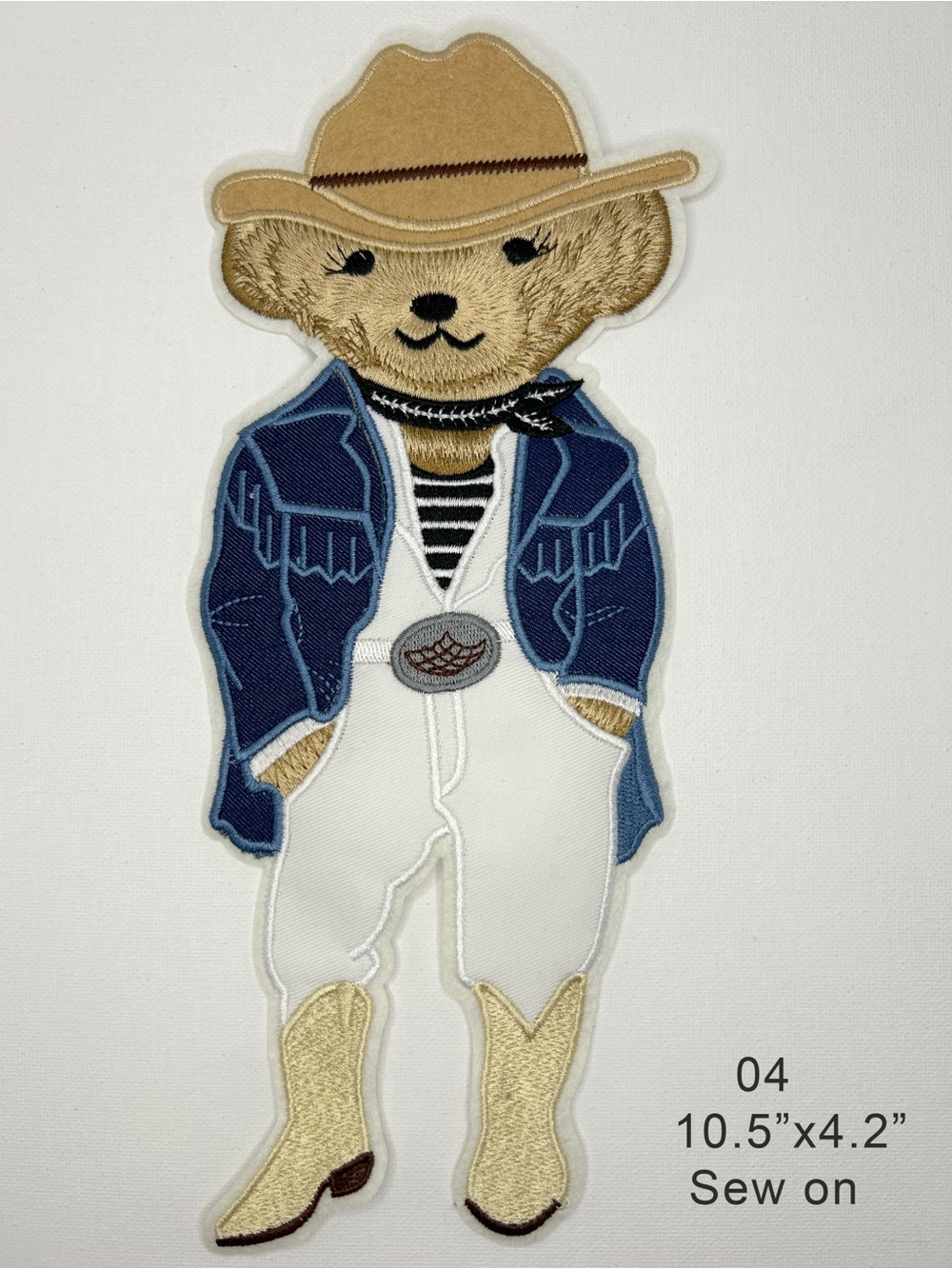 Ralph Lauren Tan Cowboy Bear Sew-On Patch - Blue Jacket, White Pants